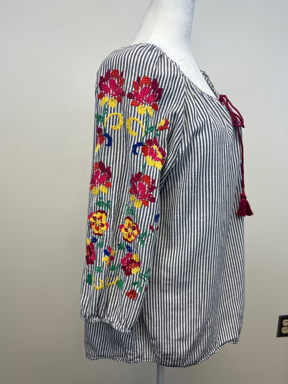 Westport Navy White Striped Embroidered Flowers Long Sleeve Top Boho Chic XL - Picture 8 of 10